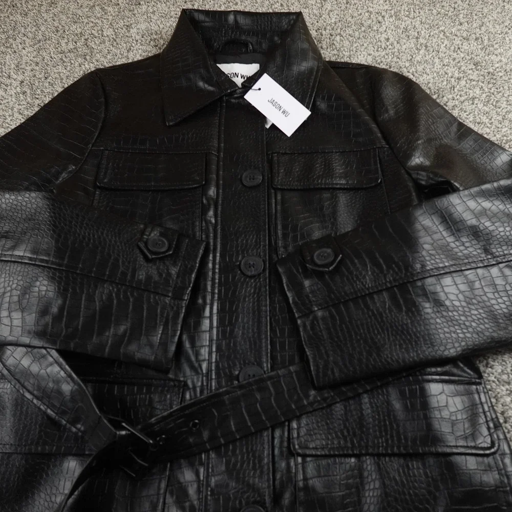 Jason Wu Jacket‎ Womens M Black Faux Leather Long Trench Coat Parka Belted Croc